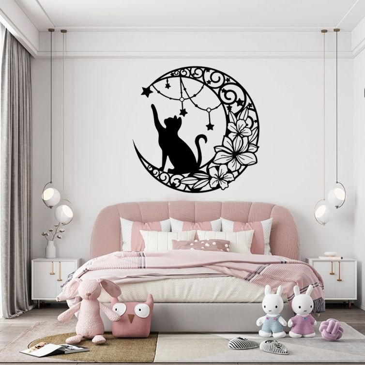 Gothic Black Cat & Moon Metal Wall Art